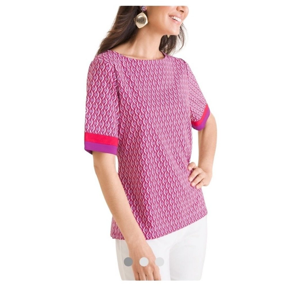 Chico's red, white and purple geometric colorblock trim stretch knit top size 12